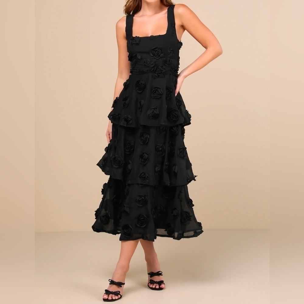 Lulus Exceptional Entrance Black Sleeveless Tiered Rosette Midi Dress, Small